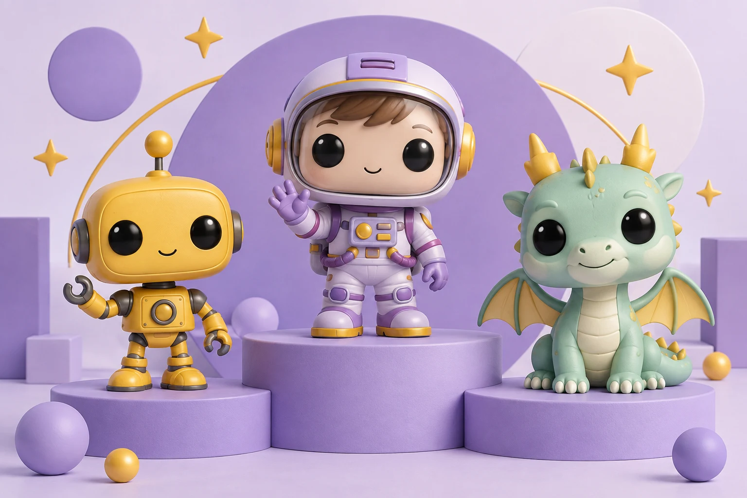 Un astronaute violet, un robot jaune et un dragon vert en figurines vinyle imaginaires