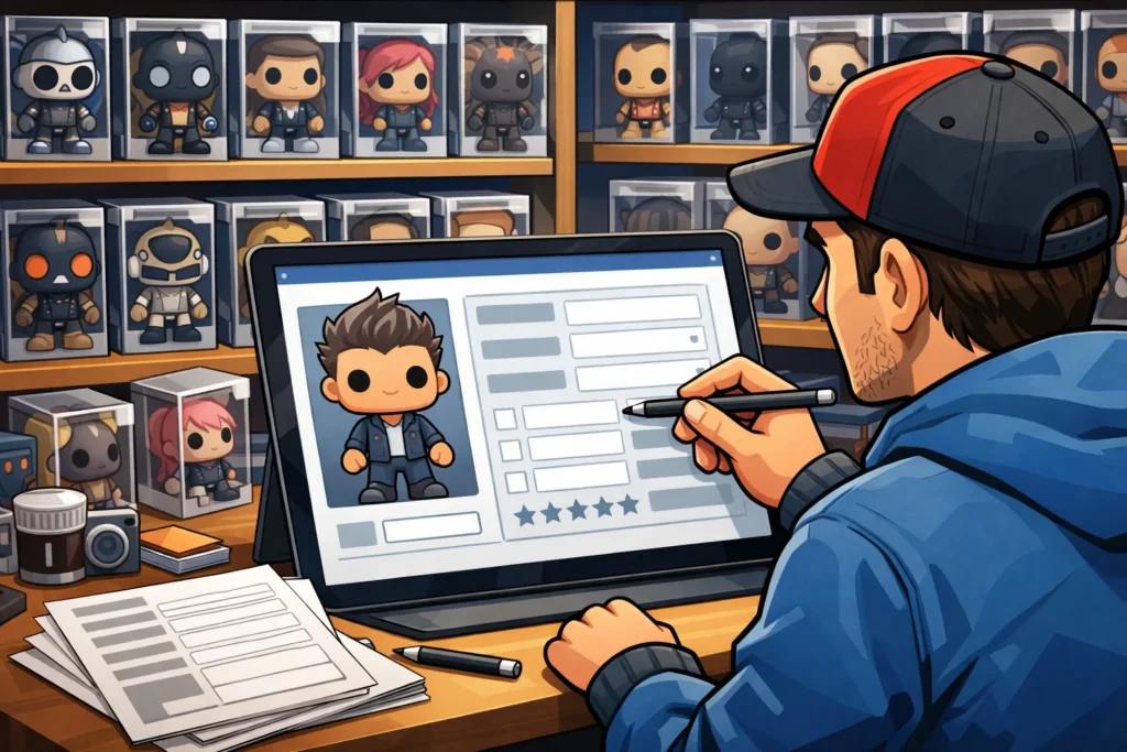 Tablette affichant des fiches d’inventaire à côté de figurines en boîte rangées sur des étagères.