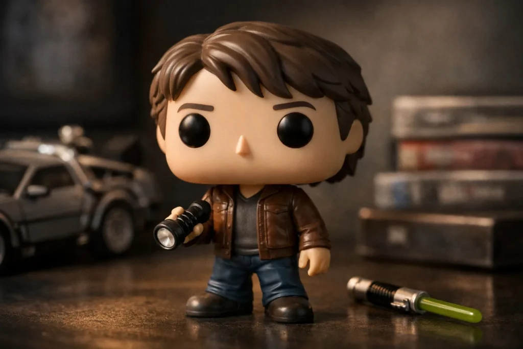 Figurine Funko Pop posée devant un fond sobre, éclairée par une lumière douce venant du côté.