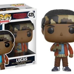 Funko Pop Lucas de Stranger Things représenté avec ses jumelles, format 9 cm.