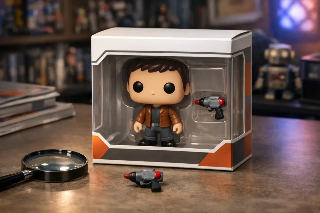 Figurine vinyle stylisée dans une boîte à fenêtre, avec un petit accessoire posé à côté sous une loupe.