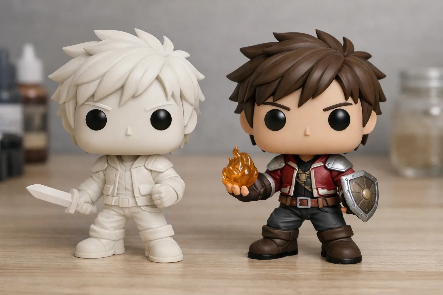 Deux figurines génériques comparées, l’une partiellement peinte avec un accessoire différent.