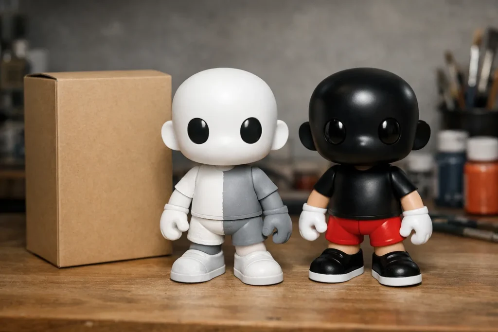 Figurine vinyle inachevée posée à côté d’un modèle peint et d’une boîte neutre.