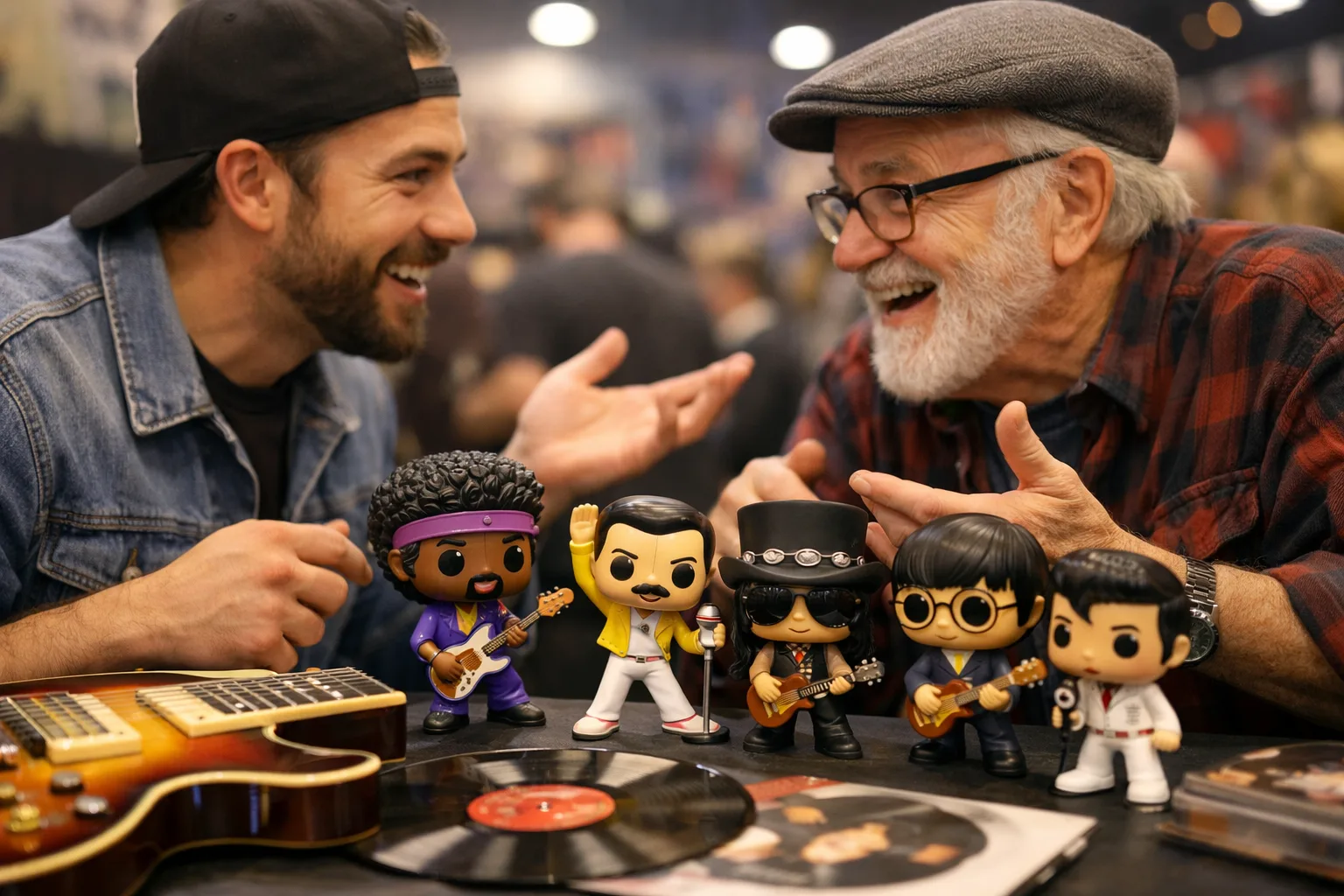 Deux collectionneurs discutent de figurines de musiciens devant une table de convention où sont posés une guitare et des disques.