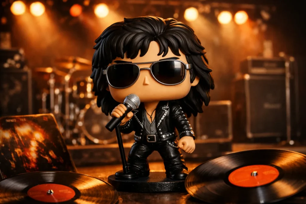 Figurine vinyle stylisée d’un chanteur en costume de scène, micro à la main, devant des disques vinyles.