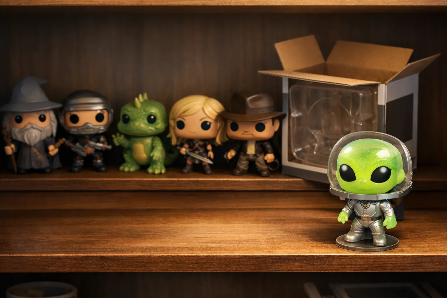 Une figurine récemment découverte attend sa place sur une étagère de collection.