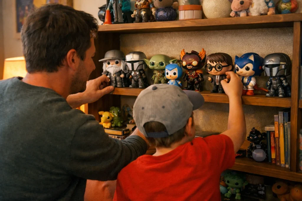 Un parent et un enfant placent ensemble des figurines de personnages sur une étagère.