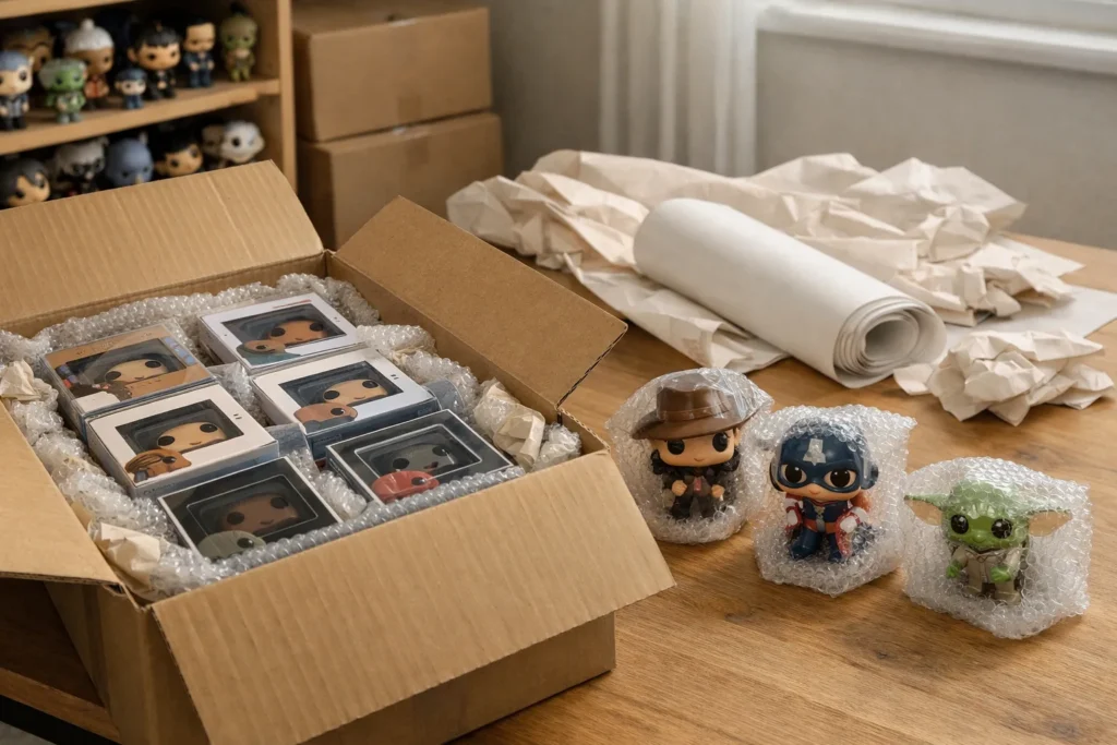 Des boîtes de figurines et des personnages protégés sont disposés près d’un carton de déménagement ouvert.
