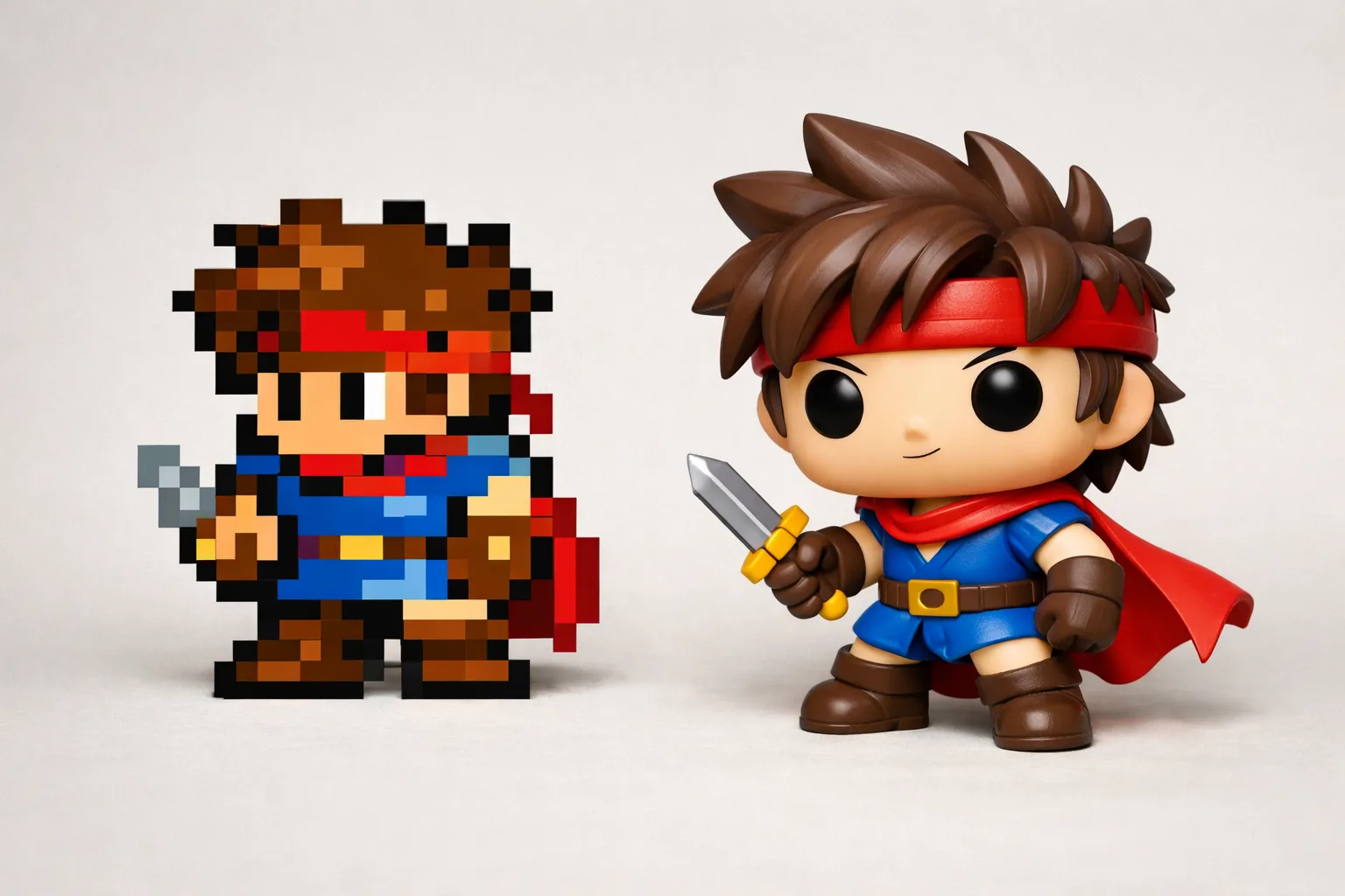 Sprite coloré d’un héros fictif placé à côté de sa représentation en figurine vinyle.