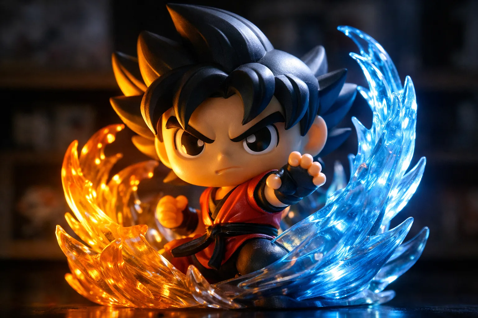 Détail d’un effet d’énergie translucide autour d’une figurine vinyle éclairée de côté.