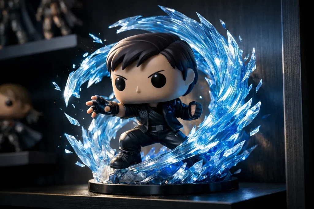 Figurine vinyle en pose dynamique entourée d’un effet sculpté translucide bleu sur une étagère.