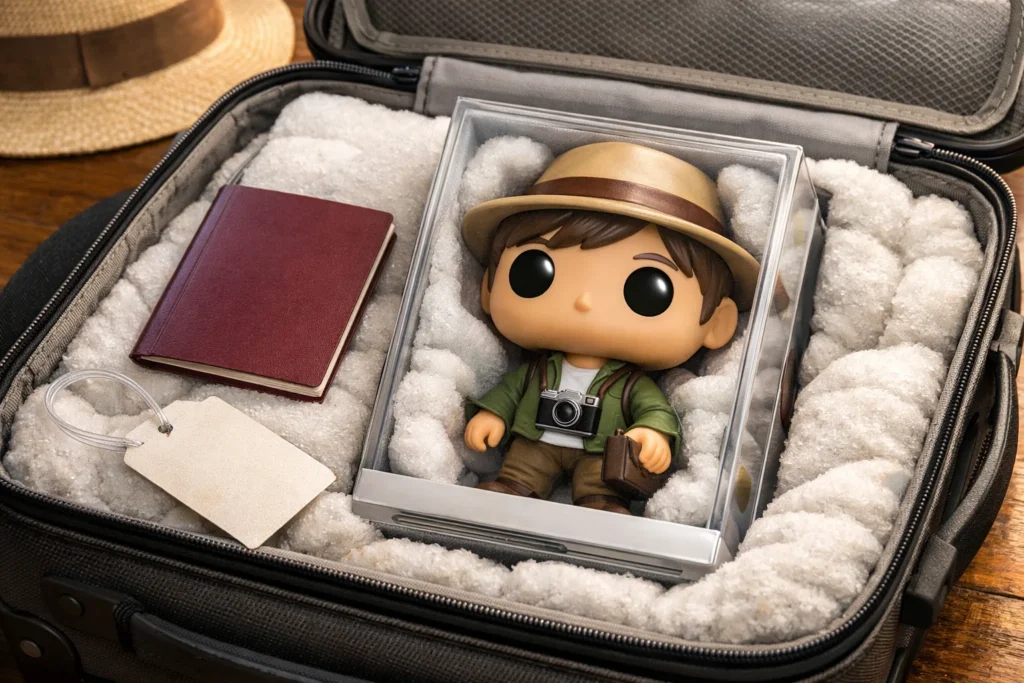 Une figurine vinyle dans sa boîte, calée dans une valise cabine ouverte avec un passeport posé à côté.