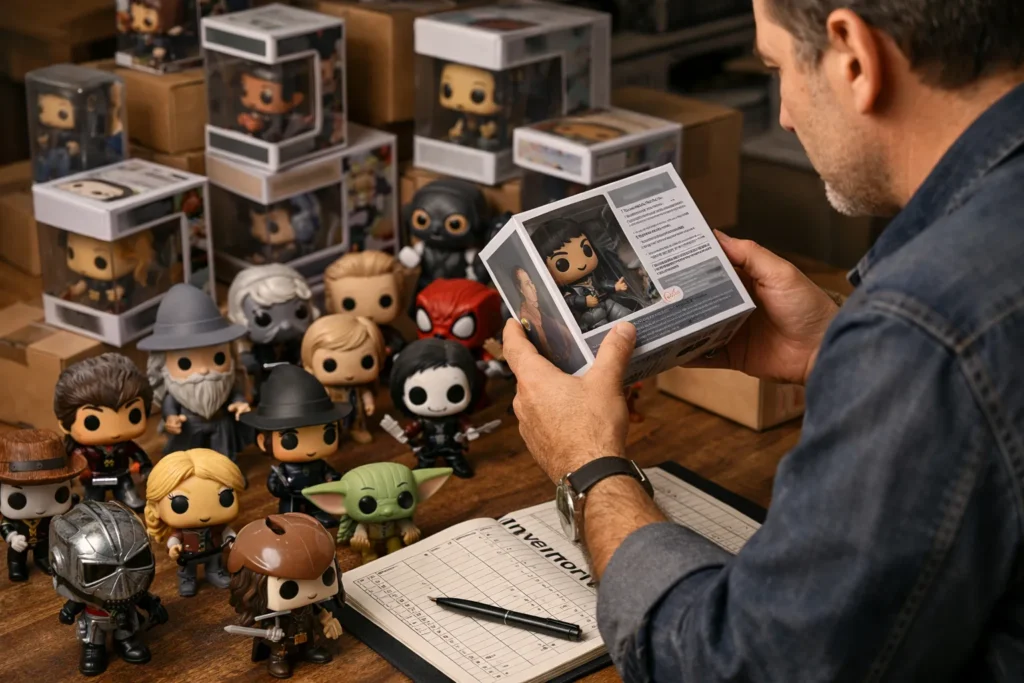Un collectionneur examine des boîtes et des figurines disposées à côté d’un carnet d’inventaire.