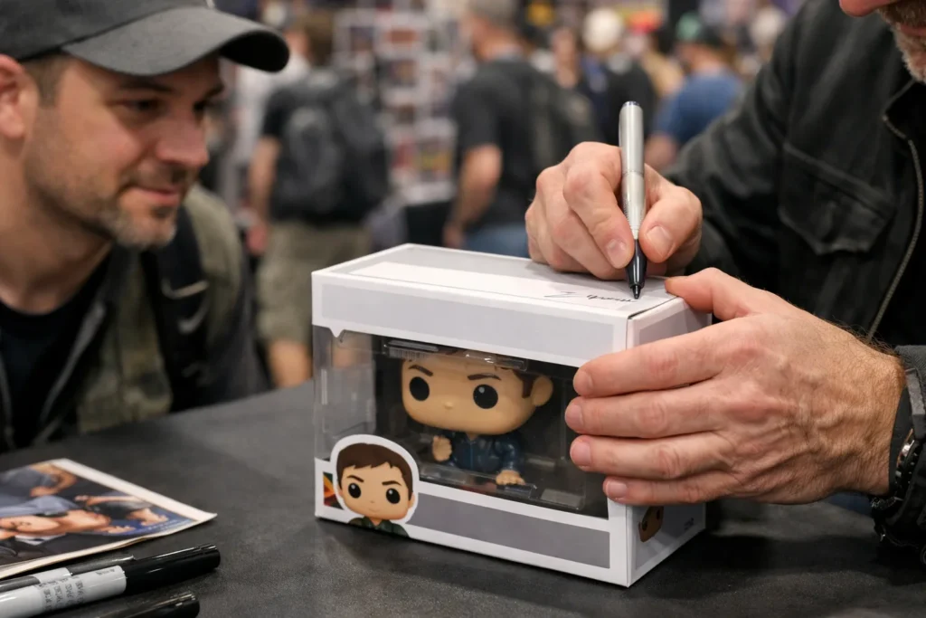 Un invité signe le carton d’une Funko Pop pendant une convention, sous le regard d’un collectionneur.