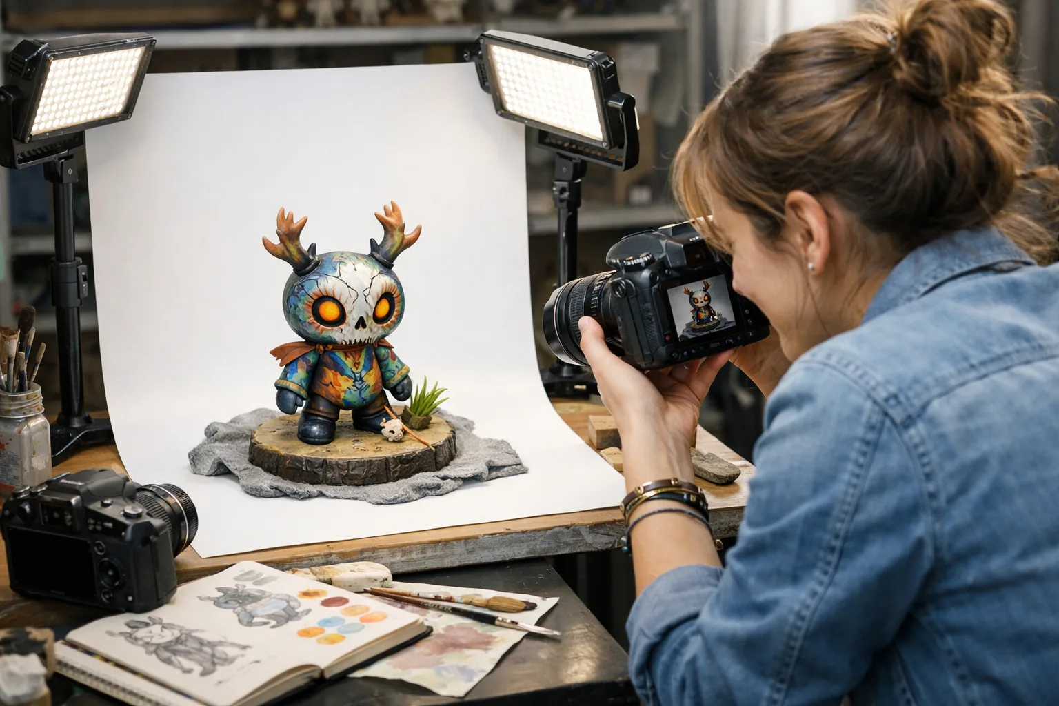 Une créatrice photographie une figurine vinyle personnalisée sur une table préparée pour la présenter en ligne.