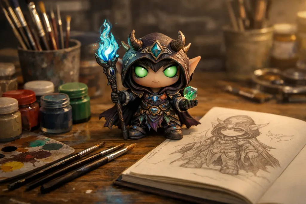 Figurine vinyle transformée en personnage fantastique original, entourée de pinceaux, de peintures et d’un carnet de croquis.