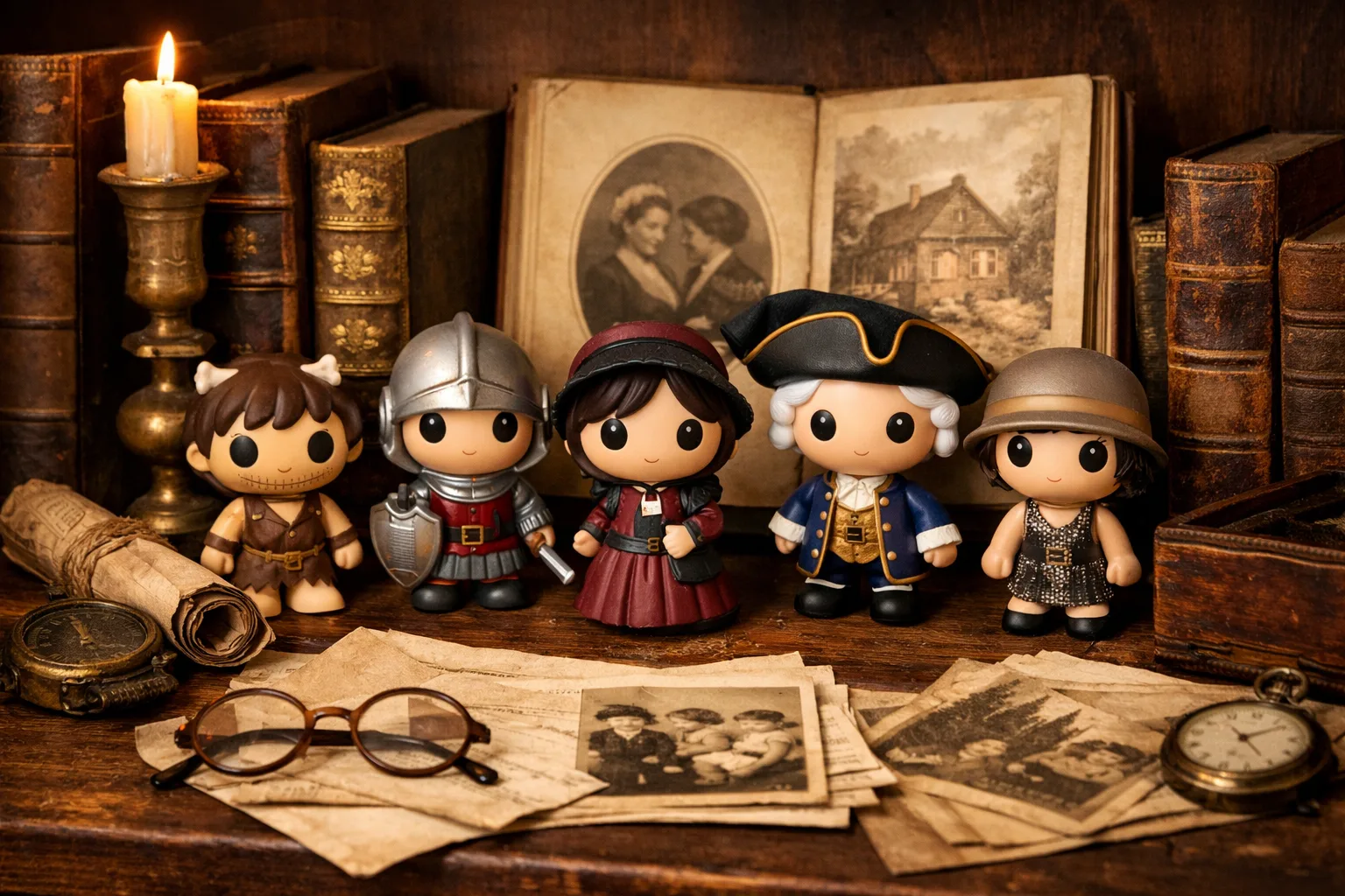 Des figurines en costumes variés côtoient des livres et des documents sur une étagère de collection.