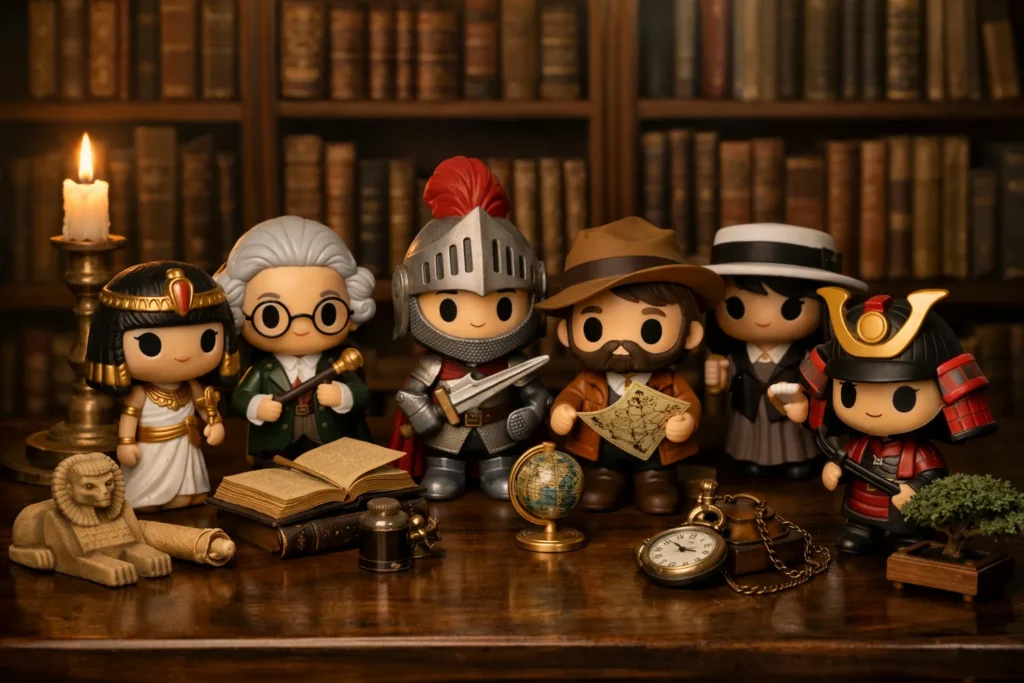 Des figurines stylisées en costume d’époque sont exposées devant des livres et des objets évoquant le passé.