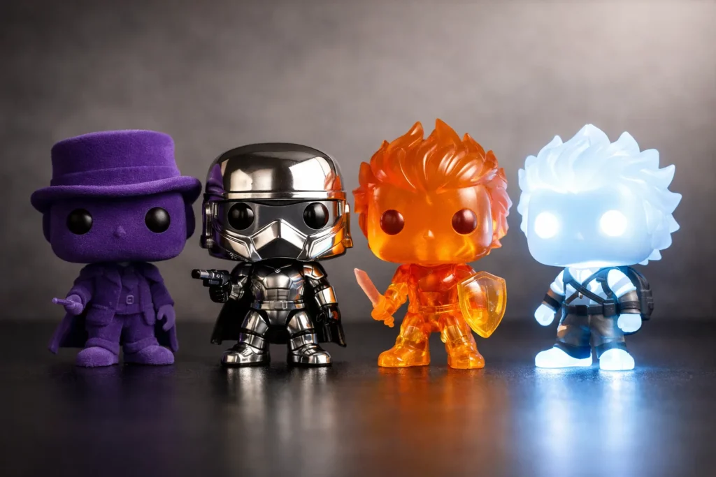 Quatre figurines vinyle stylisées côte à côte, avec une surface veloutée, une finition métallique, un corps translucide et un effet lumineux.