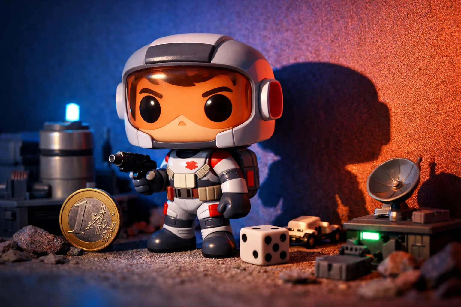 Une figurine stylisée se tient dans un décor miniature de science-fiction éclairé par une lumière colorée.