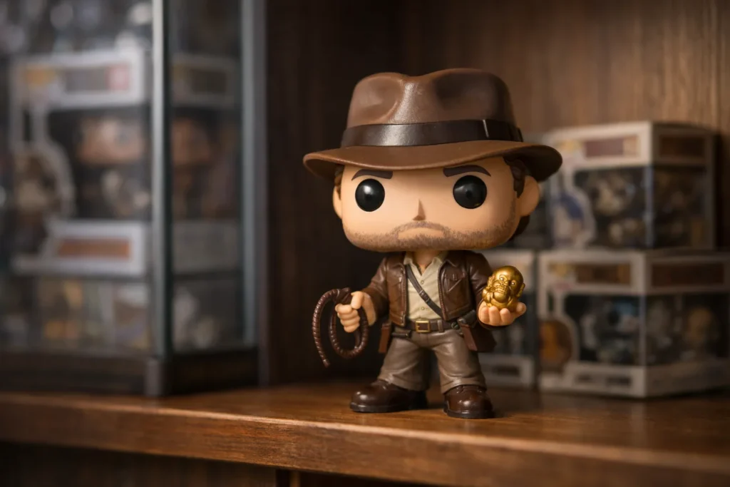 Une figurine Funko Pop exposée sur une étagère à l’écart d’une fenêtre ensoleillée.