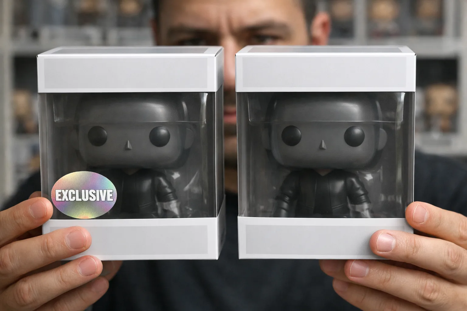 Deux boîtes de figurines sont comparées, l’une avec un autocollant générique et l’autre sans.