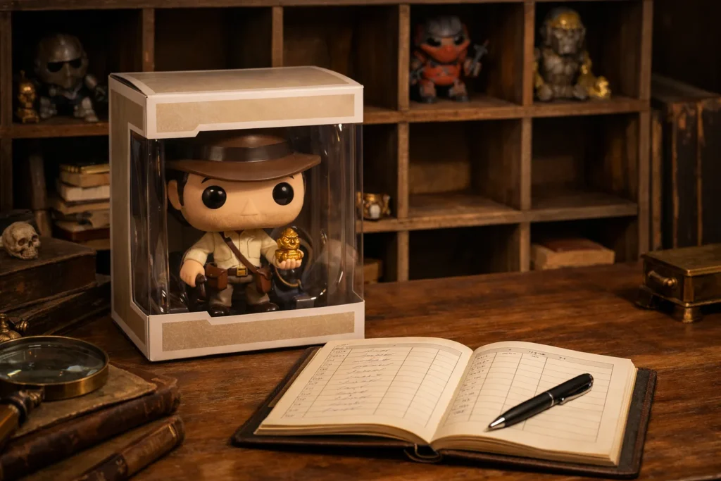Une figurine de collection en boîte se tient devant une étagère partiellement vide et un carnet ouvert.