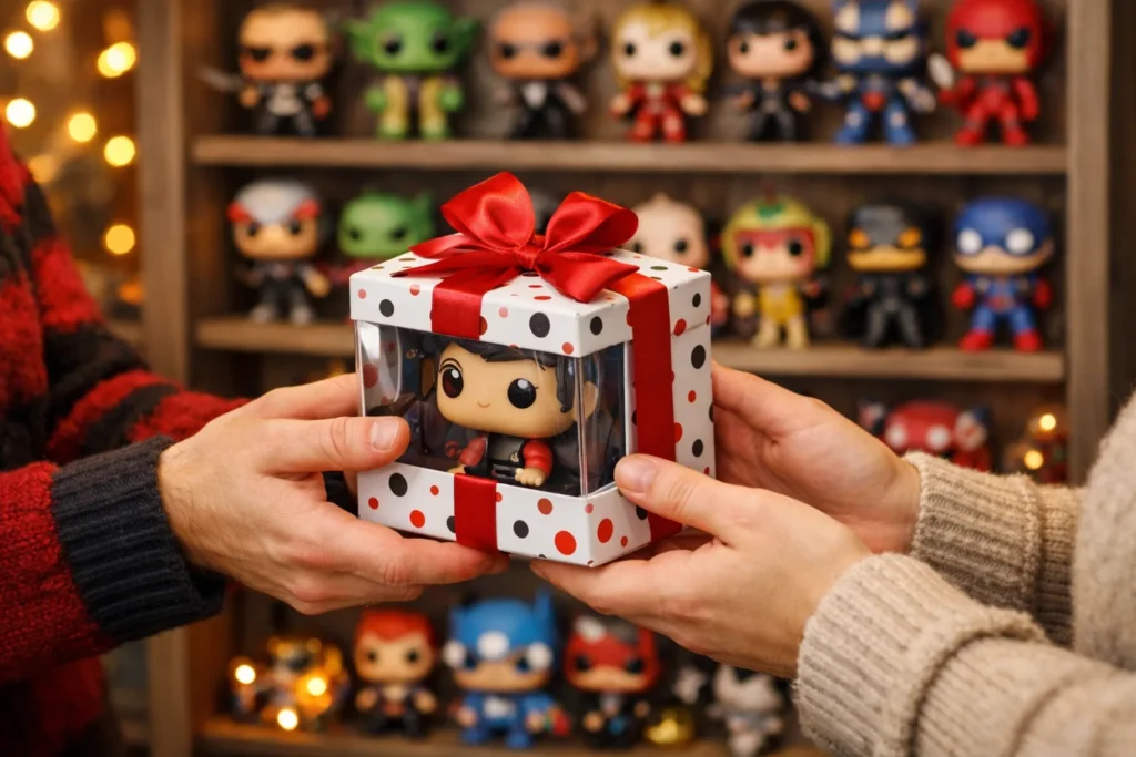 Une personne offre une boîte de figurine à un proche devant une étagère de personnages de collection.
