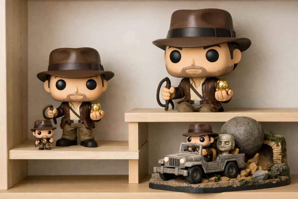 Figurines de collection de différents formats, des miniatures aux grands modèles, alignées sur une étagère.