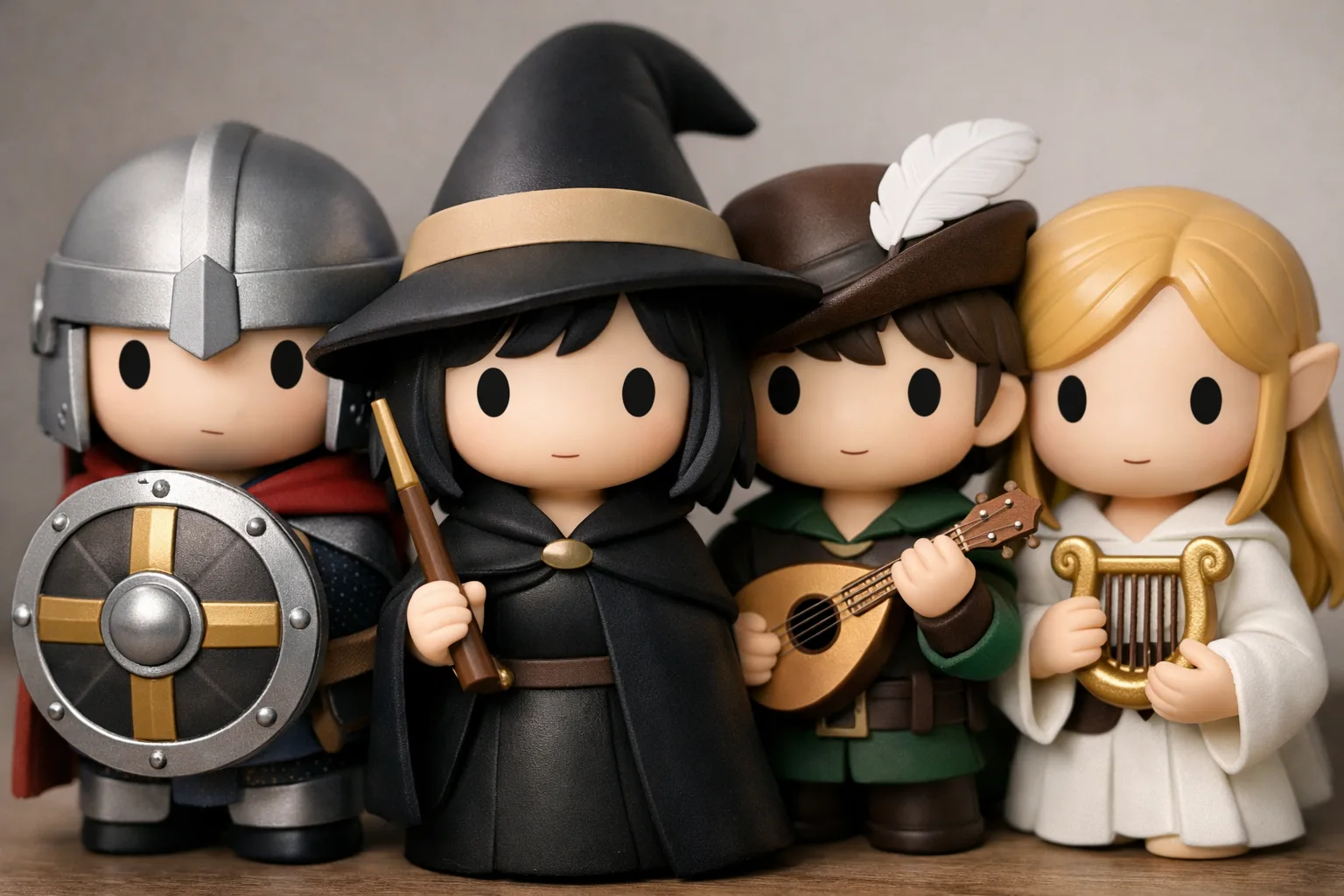 Gros plan de figurines aux visages épurés, accompagnées d’un bouclier, d’une baguette et d’un instrument.