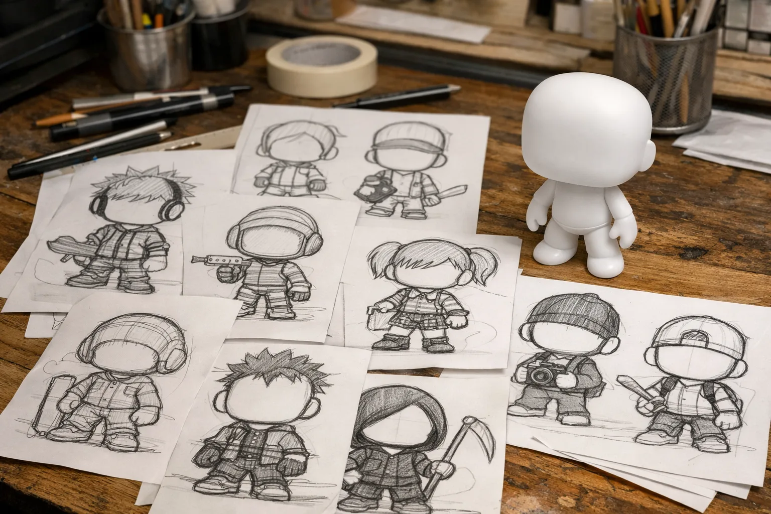 Des croquis de figurine vinyle comparant plusieurs coiffures, tenues et accessoires.