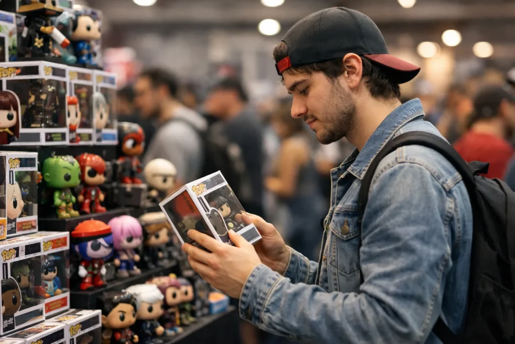 Un jeune collectionneur tient une boîte Funko Pop devant un stand de figurines dans une convention pop culture.