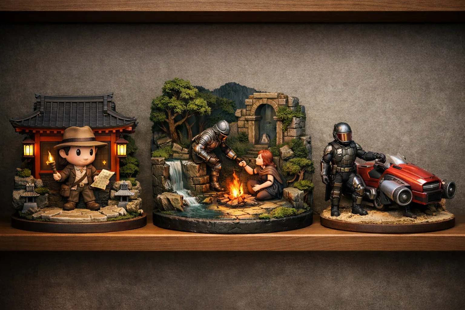 Trois formats de figurines présentés côte à côte : un personnage avec bâtiment, une scène miniature et un véhicule.