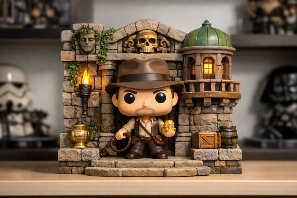 Une figurine stylisée posée devant une façade miniature, exposées ensemble sur une étagère.