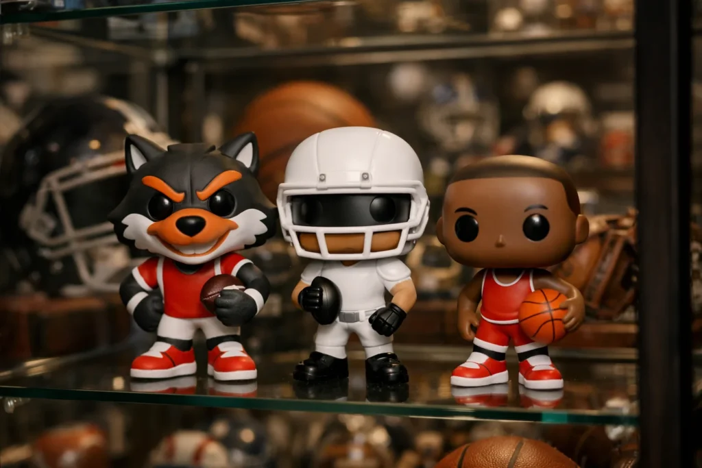 Figurines vinyle d’une mascotte sportive et d’un joueur en uniforme exposées dans une vitrine.
