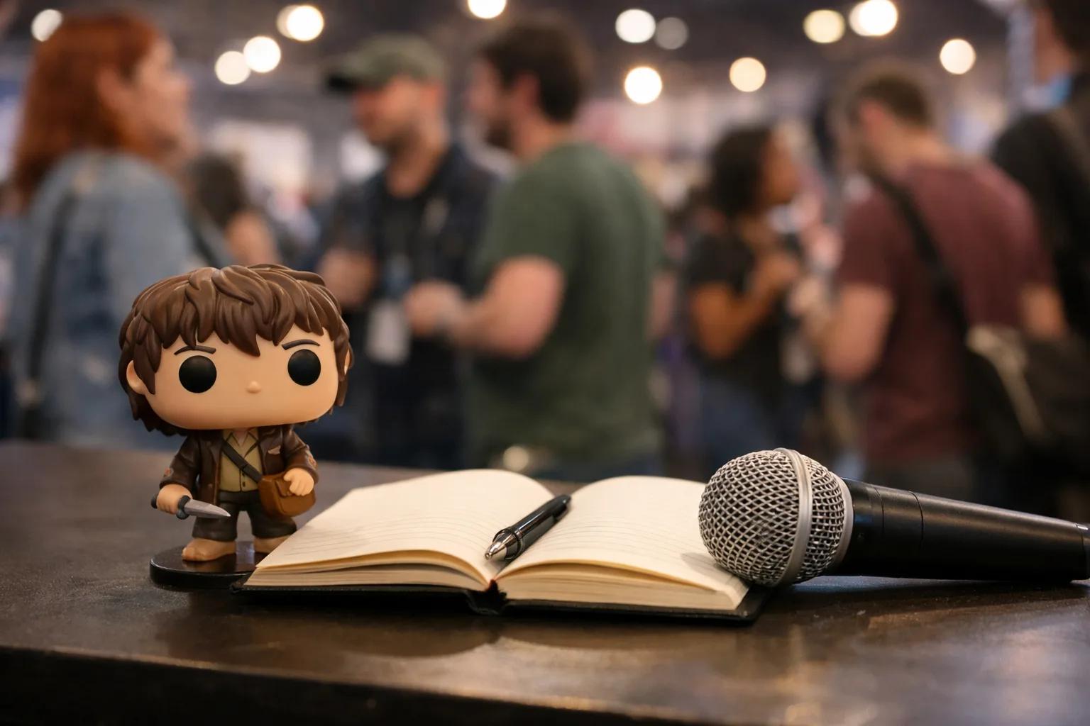 Figurine posée près d’un carnet et d’un micro sur une table de convention, avec des visiteurs en arrière-plan.