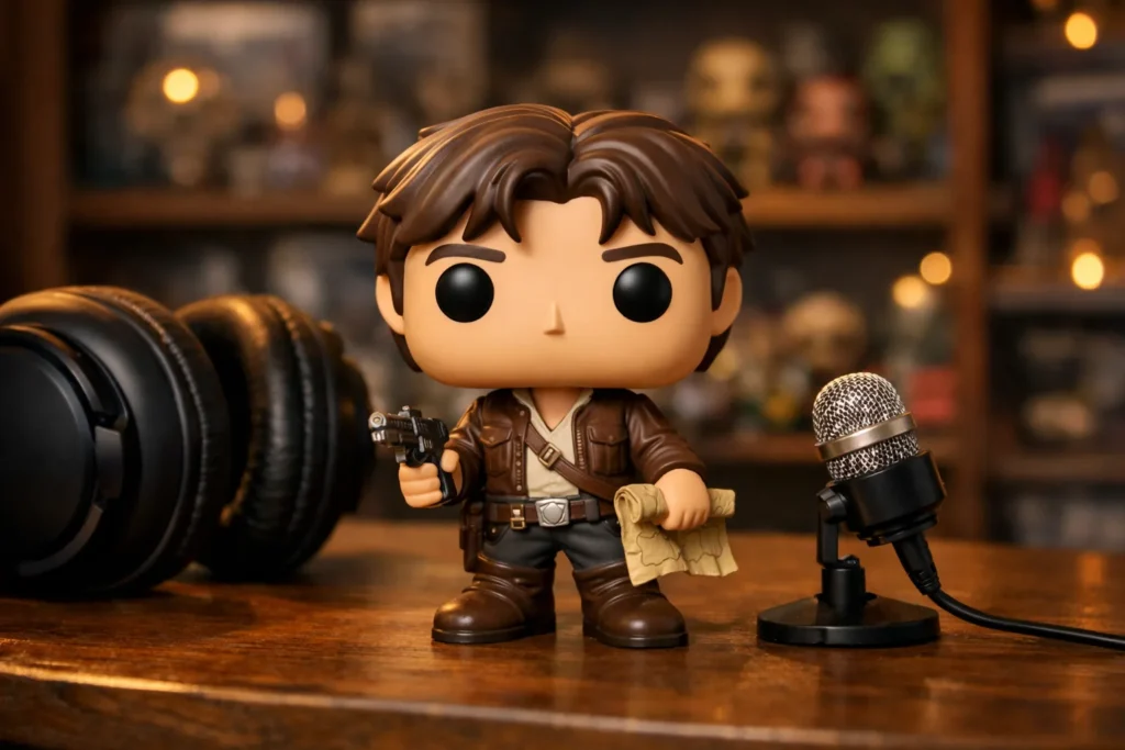 Figurine vinyle stylisée près d’un casque audio et d’un micro, devant une étagère de collection.