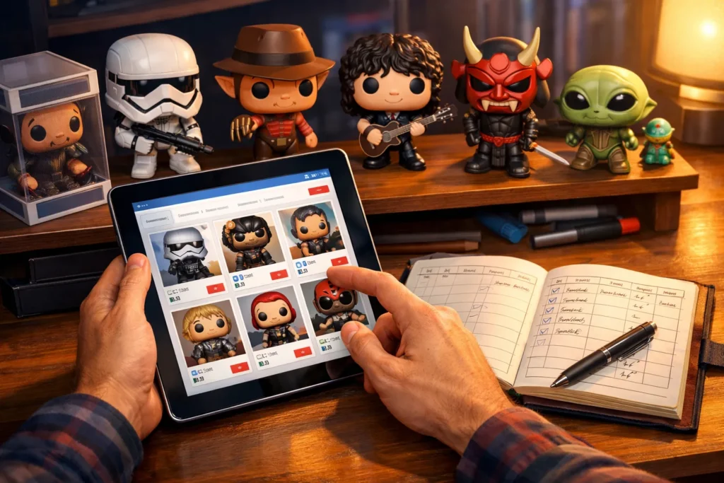 Une tablette affichant des annonces de figurines est posée devant une étagère de personnages vinyle, à côté d’un carnet de suivi ouvert.